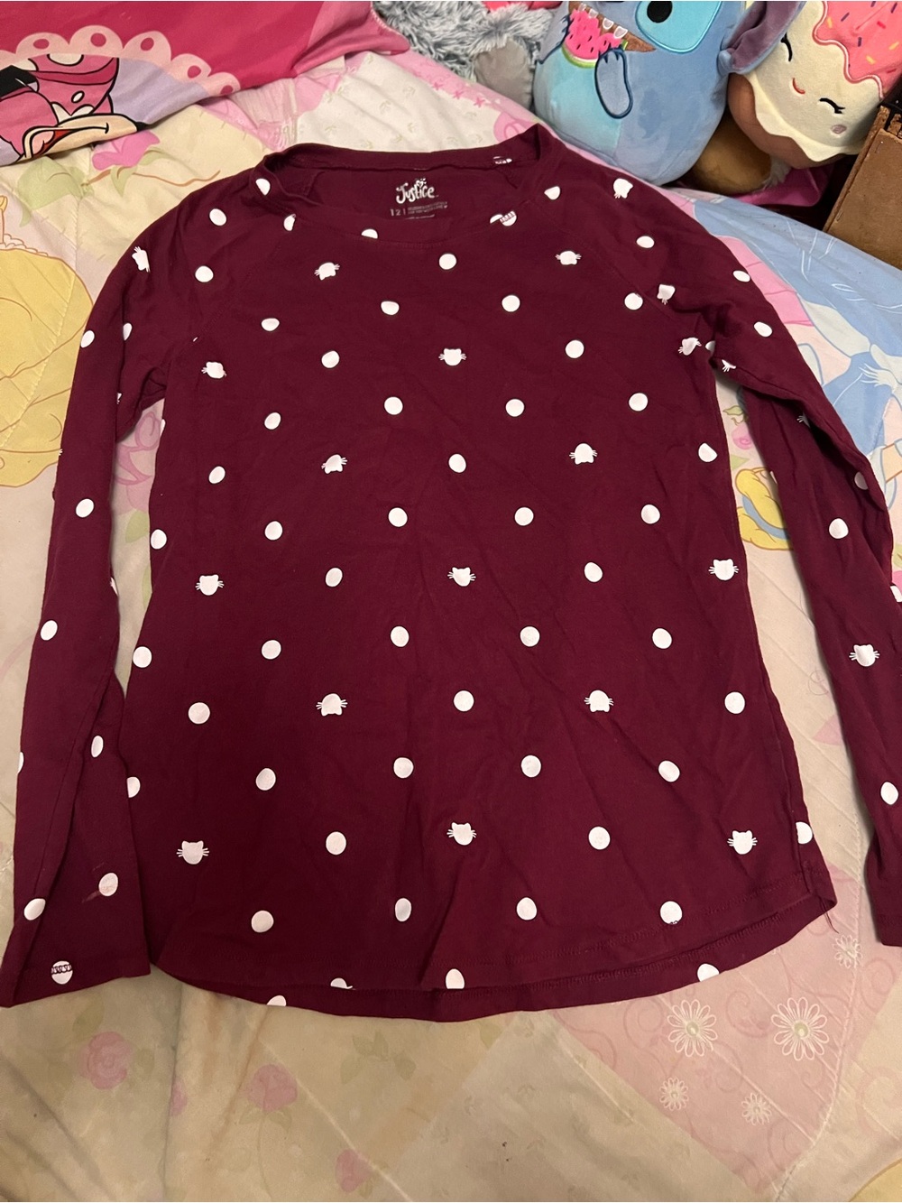 Jolie Girls' Maroon Long Sleeve Tee with White Polka Dots